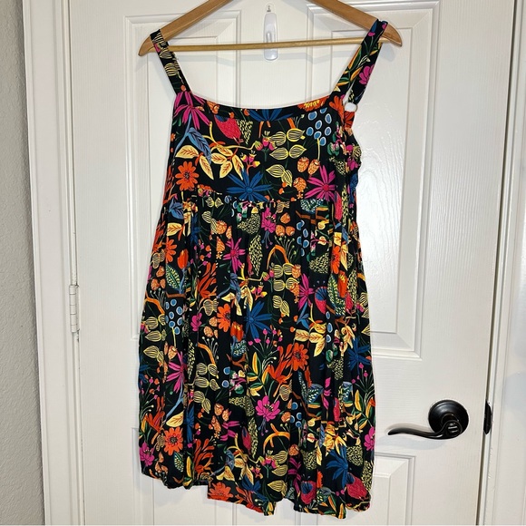 Natural Life Black Neon Floral 100% Rayon Patti Mini Dress M Boho Coastal Beach - Picture 2 of 7